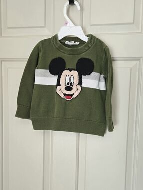 2/$15 Gap Olive Green Mickey Mouse Knit Sweater 18-24 M